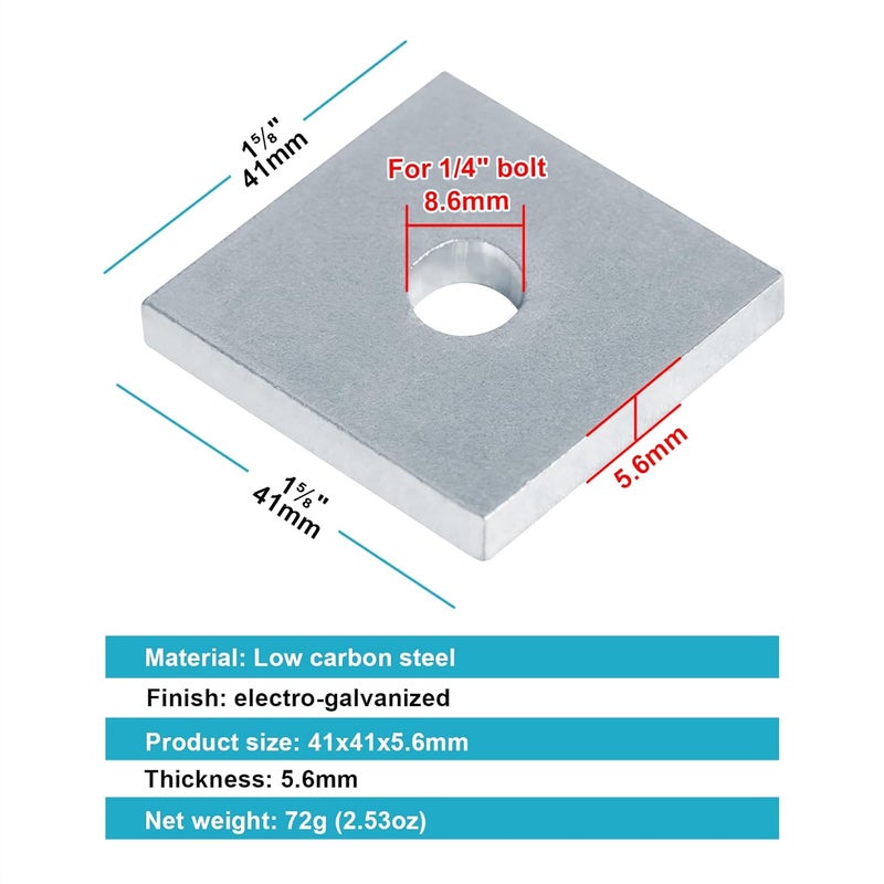 OTTFF 20 Pack Square Strut Washer Plate, 1/4" Bolt Size, Fit 1-5/8" Strut Channel, 7/32" Thick - Image 2